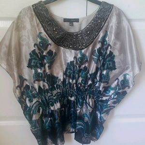 Silk-like Grey blouse with a Beaded neckline